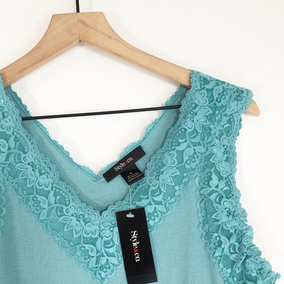 Style & Co stillwater Blue Lace Trim Tank Top XL - Picture 2 of 8